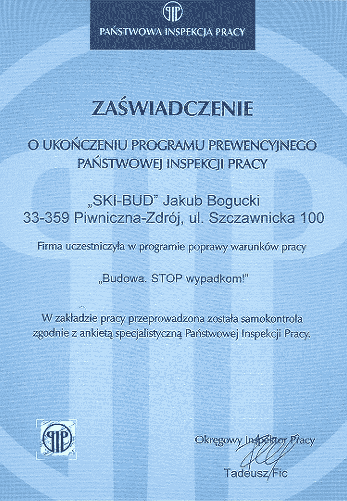 Certyfikat Państwowej Inspekcji Pracy